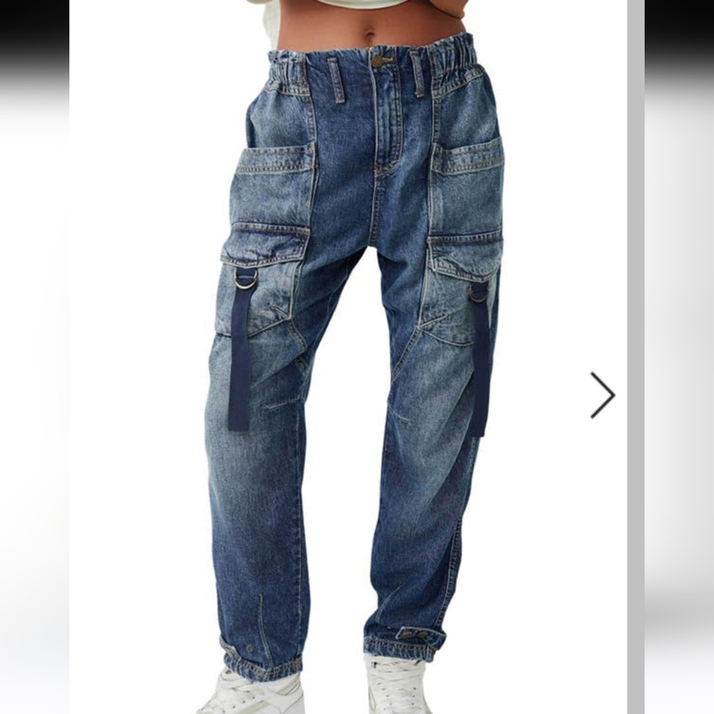 Free people utility jeans elastic waist cargo baggy style sz M